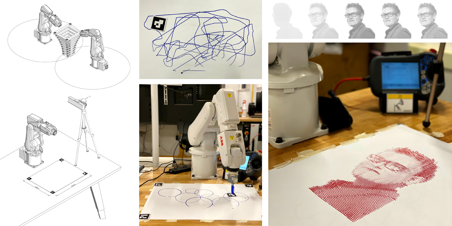 A robot using a pen to draw an image of a human face.