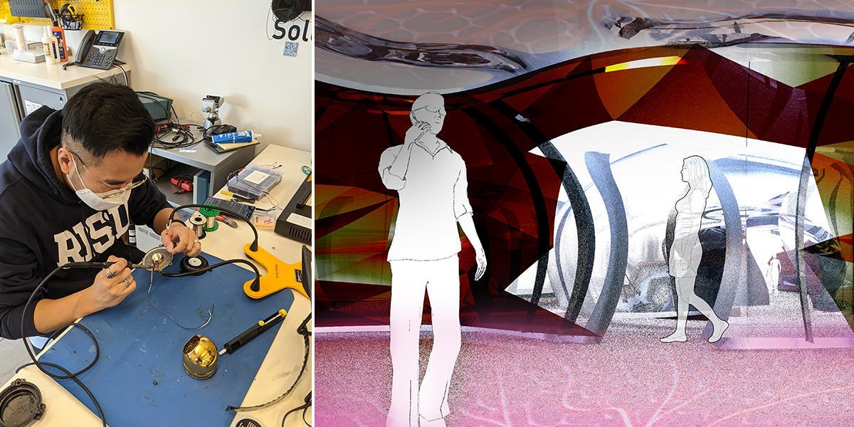 Student at work at a desk (left) and illustration of people inside a structure with curved, colorful walls (right)