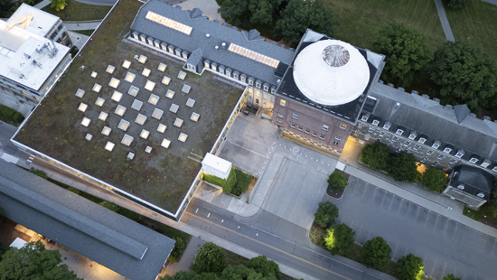 An aerial view of Sibely and Milstein Hall