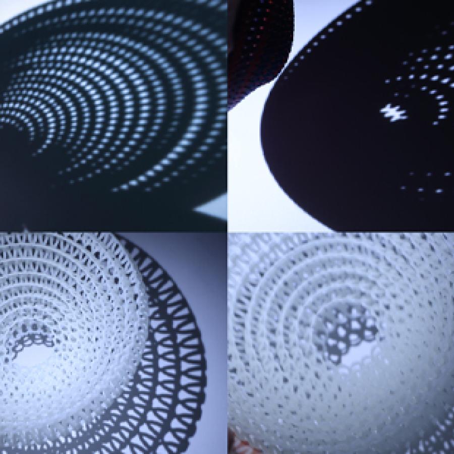 Four different images of a complex 3D-printed structure being held by a hand and casting intracate shadows